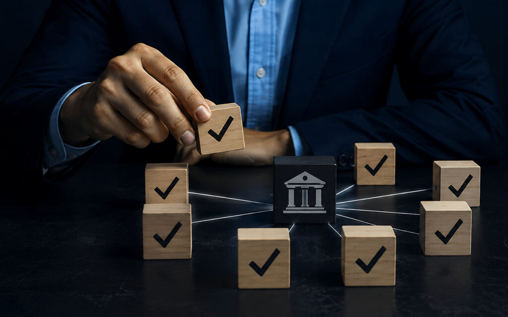 hand placing wooden blocks around a building symbolizing systems to set up for success.